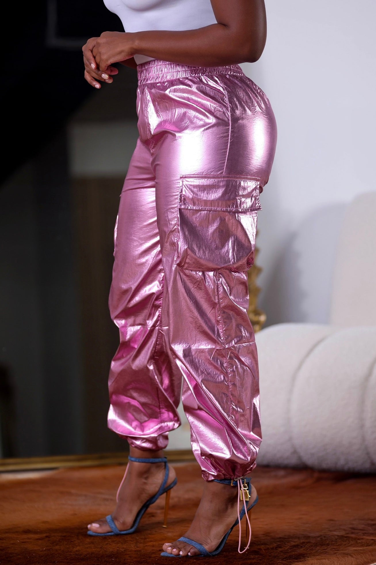 Pink satin cargo pants on sale
